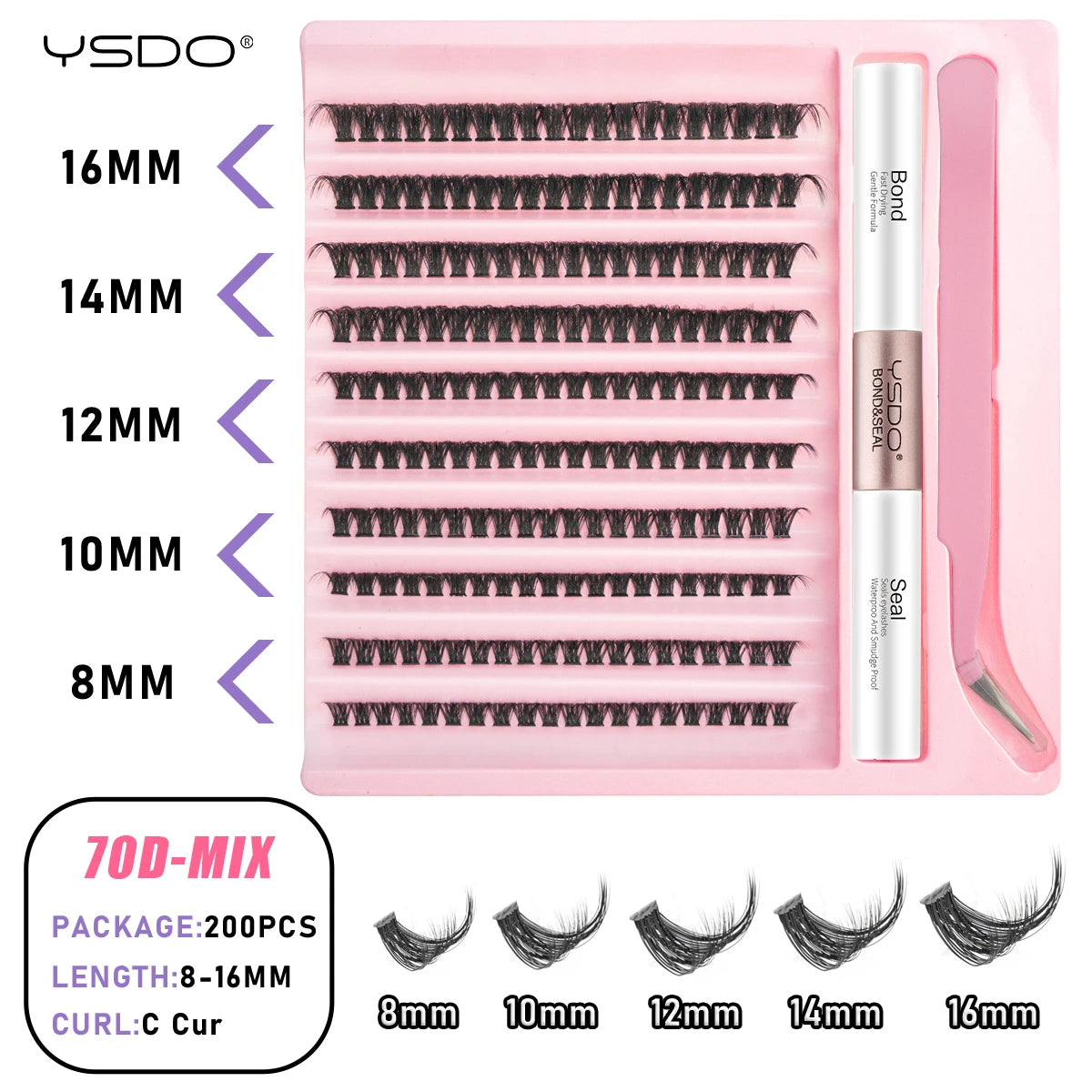 DIY Lash Extension Kit Lash Individual Lashes Clusters8-16mm With Waterproof Lash Bond And Seal Eyelash Tweezers Lash Kit