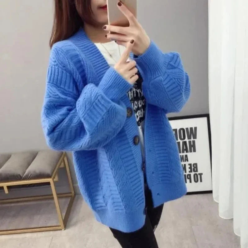 Oversized Knit Sweater Coat Women Autumn Winter Long Sleeve Twisted Sweaters Cardigan Woman Wild Solid Color Cardigans Ladies