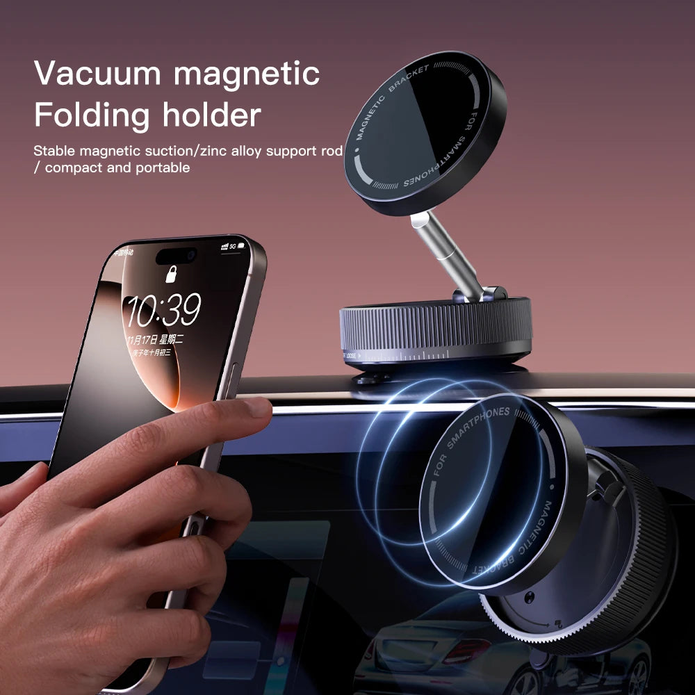 Foldable Magnetic Car Phone Mount with 360° Rotation & Vacuum Suction for Secure, Hands-Free Phone Holder