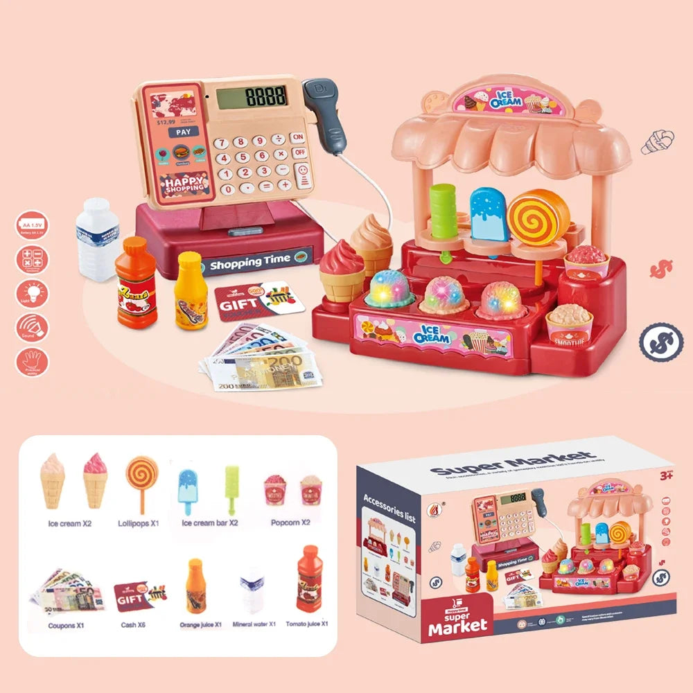 Children's Simulation Supermarket Cash Register Electric Multifunctional Puzzle Toy Cash Register with Scanner Toys for Kids