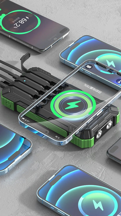 Portable Solar Power Bank Pd22.5W Fast Charging 20000Mah Large Capacity, Wireless Fast Charging and Comes with 4 USB Cable Mobile Power Supply, with Strong Light Led Light, Solar Power Bank Fast Rechargeable Battery