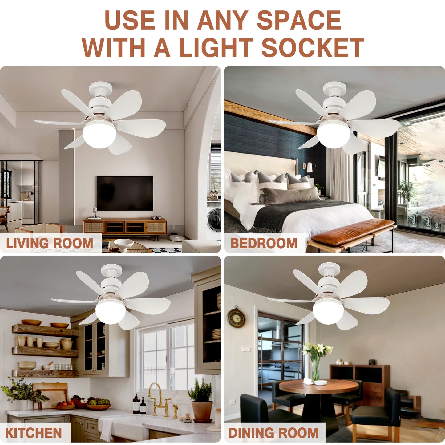 Home E27 Base Ceiling Fan Light with 30W LED Night Lights 3 Adjustable Lighting Modes Remote Control High Wind Power Ceiling Fan