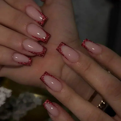 24Pcs Medium Short Square False Nails Glittering Nail Art White Wearable Fake Nail Silver French Full Cover Press on Nail Tips