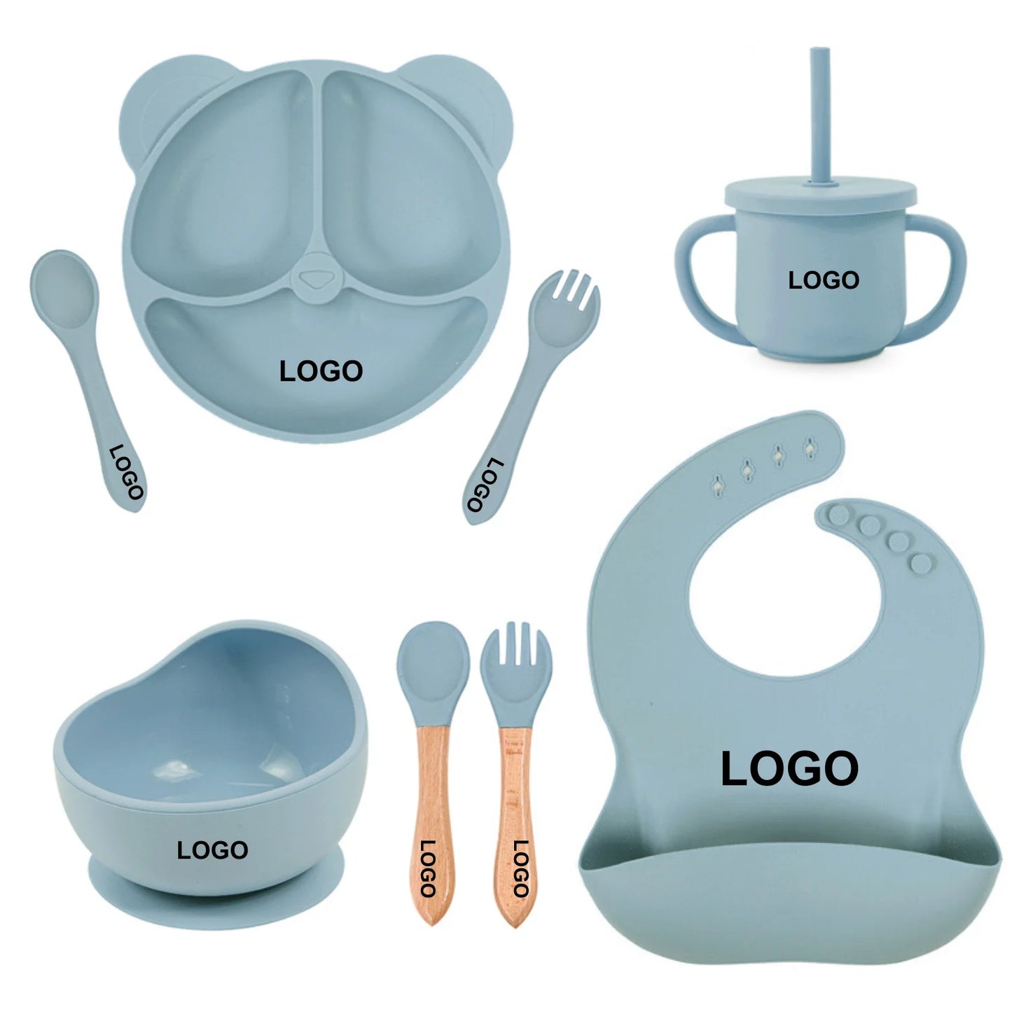 Customized Baby Silicone Feeding Set with Suction Cup Personalized Name Dish Divided Plate Bowl Spoon Cute Kid Eating Tableware