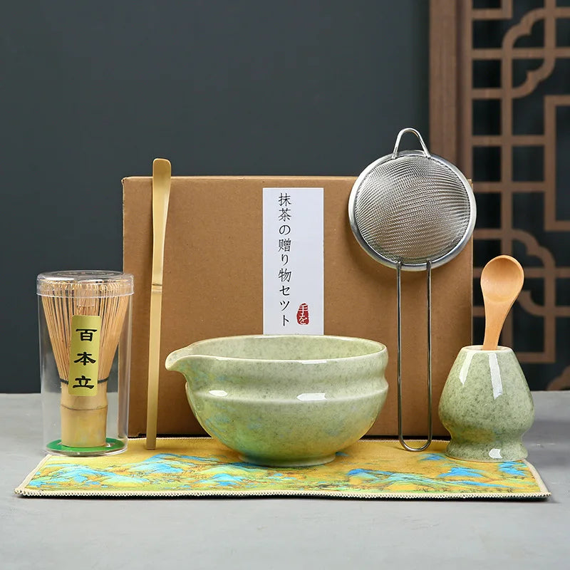 Matcha Set Kit Japanese Ceremony Green/Pink/White With Bamboo Spoon/Scoop, Whisk Holder, Matcha Bowl Matcha Gift Set