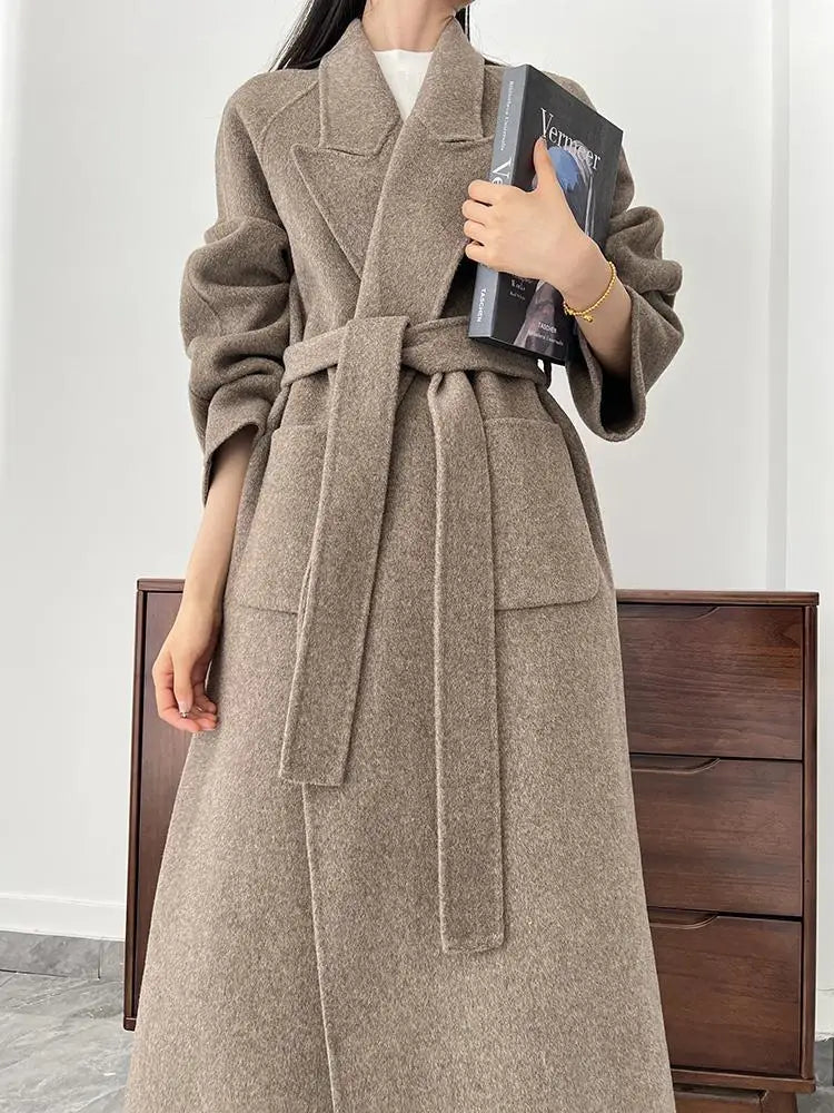 Office Lady Woolen Jackets 2024 Autumn And Winter Bathrobe Style Pocket Double-Sided Loose Lace -Up Tie Women's Long Wool Coats