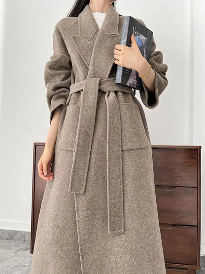 Office Lady Woolen Jackets 2024 Autumn And Winter Bathrobe Style Pocket Double-Sided Loose Lace -Up Tie Women's Long Wool Coats