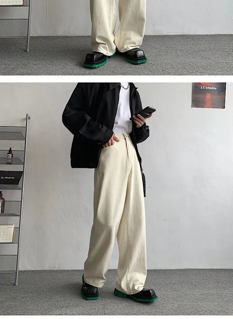 Baggy Beige Jeans Men Fashion Casual Oversized Wide Leg Jeans Men Streetwear Korean Loose Straight Denim Pants Mens Trousers