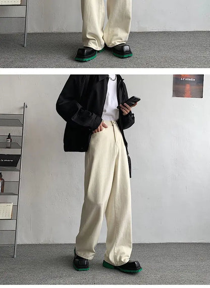 Baggy Beige Jeans Men Fashion Casual Oversized Wide Leg Jeans Men Streetwear Korean Loose Straight Denim Pants Mens Trousers