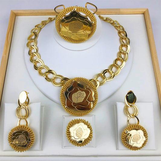 Fashion Women Jewelry Set for Accessories 18k Gold Color Earrings and Ring Bangle Ring Set for Engagement Party Accessories