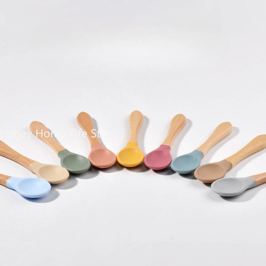Baby Silicone Feeding Set with Wooden Handle Soft Training Spoon and Fork for Kids
