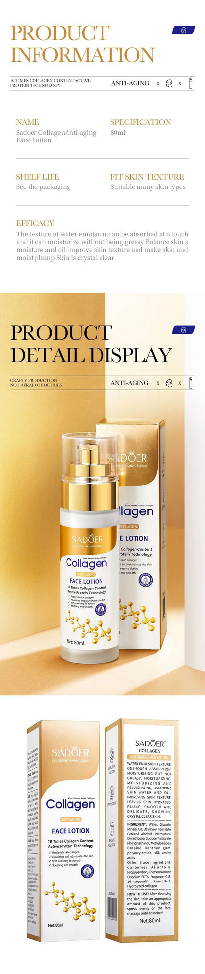 SADOER Collagen Facial Serum Face Lotion Moisturizing Face Emulsion Oil Control Water Replenishment Refreshing Facial Essence