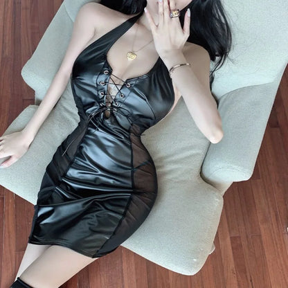 Lingerie For Women Sexy Neck Hanging Deep V-shaped Mesh Patchwork Leather Dress Slim Fit Waist Appear Thin Black  HJUM