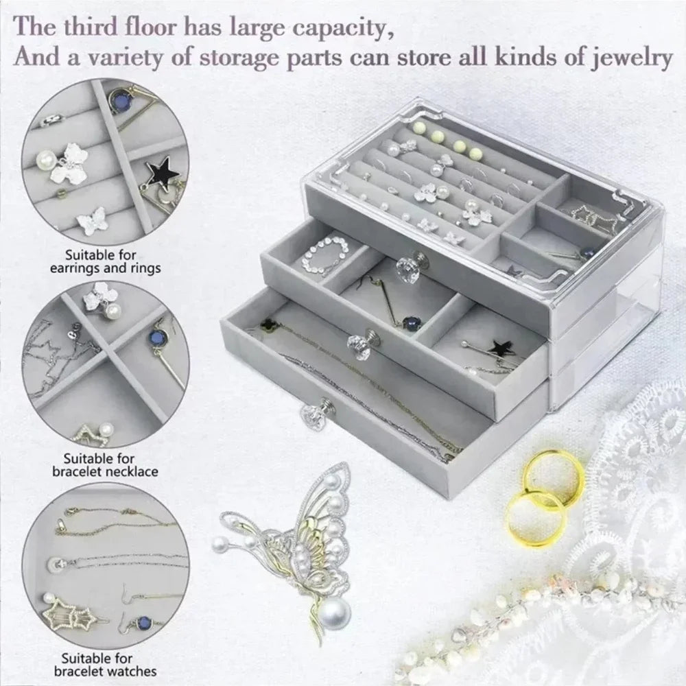 Organizer Box  Acrylic Velvet Jewelry Organizer with 3 Drawers Stackable Display Storage Earrings Necklace Bracelets Box Holder