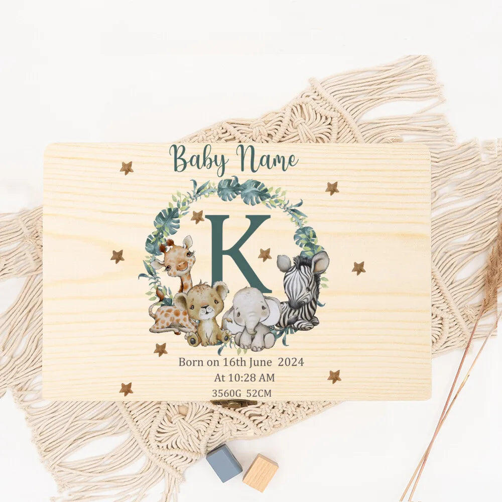Baby Memory Box As A Gift for A Birth or Baptism Personalized Wooden Keepsake Boxes Newborn Animal with Name Birth Dates Case