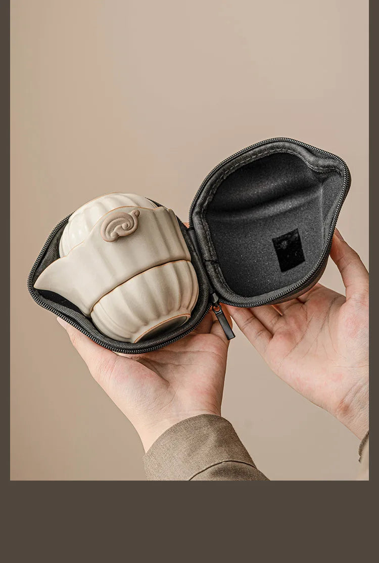 Beige Ru Ware Travel Tea Set Portable Outdoor One Pot Two Cups Porcelain Brewing Equipment Suit