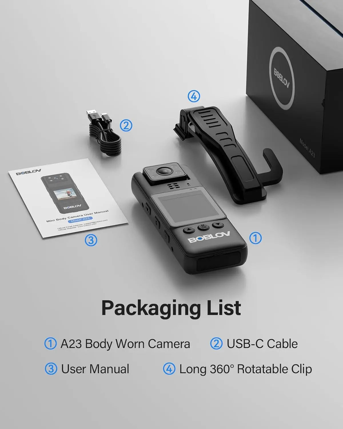 BOBLOV A23 Body Worn Camera 180° Rotatable Video Camera 9Hours Recording Night Vision 1080P Body Mounted Video Cameras