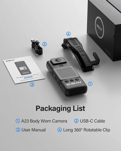 BOBLOV A23 Body Worn Camera 180° Rotatable Video Camera 9Hours Recording Night Vision 1080P Body Mounted Video Cameras