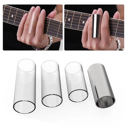 Guitar Slides Set Includes 3 Glass Slides (5.1cm/ 6cm/ 7cm) + 1 Stainless Steel Slide (6cm) + 4pcs Celluloid Thumb & Finger Pick