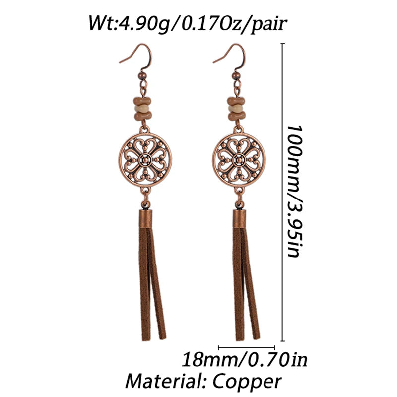 Bohemian Brown Geometric Fringe Earrings for Women Vintage Hollow Flower Beads Tassel Earrings Girls Party Jewelry Gifts