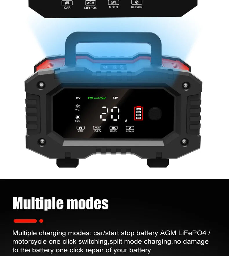 20A/10A Car Motorcycle Battery Charger 12V/24V Smart Charger Lithium AGM GEL Lead-Acid LiFePO4 Battery Chargers