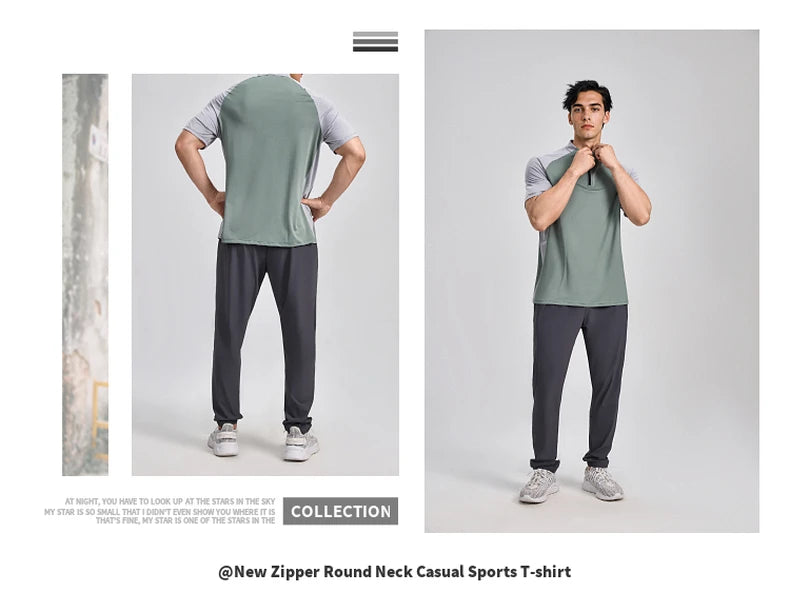 Sports T-shirt, men's half-zipper stand-up collar short-sleeved running top, summer sports training tennis clothes