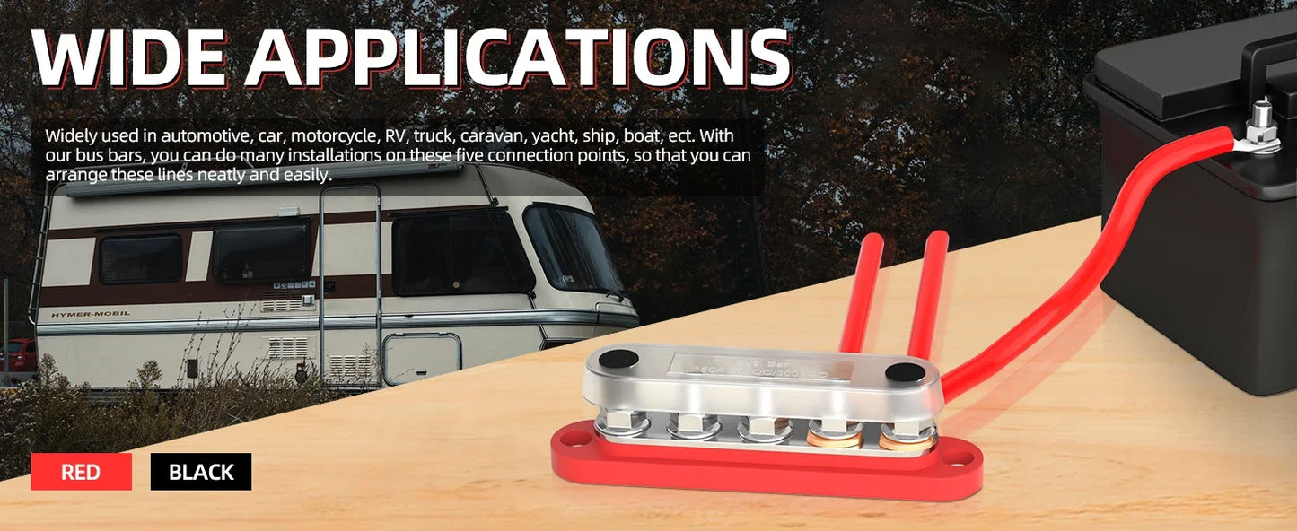 150A Terminal Bus Bar 5*M8 Studs Battery Power Distribution Block Red Black 12V Car Busbars for Automotive Marine Boat