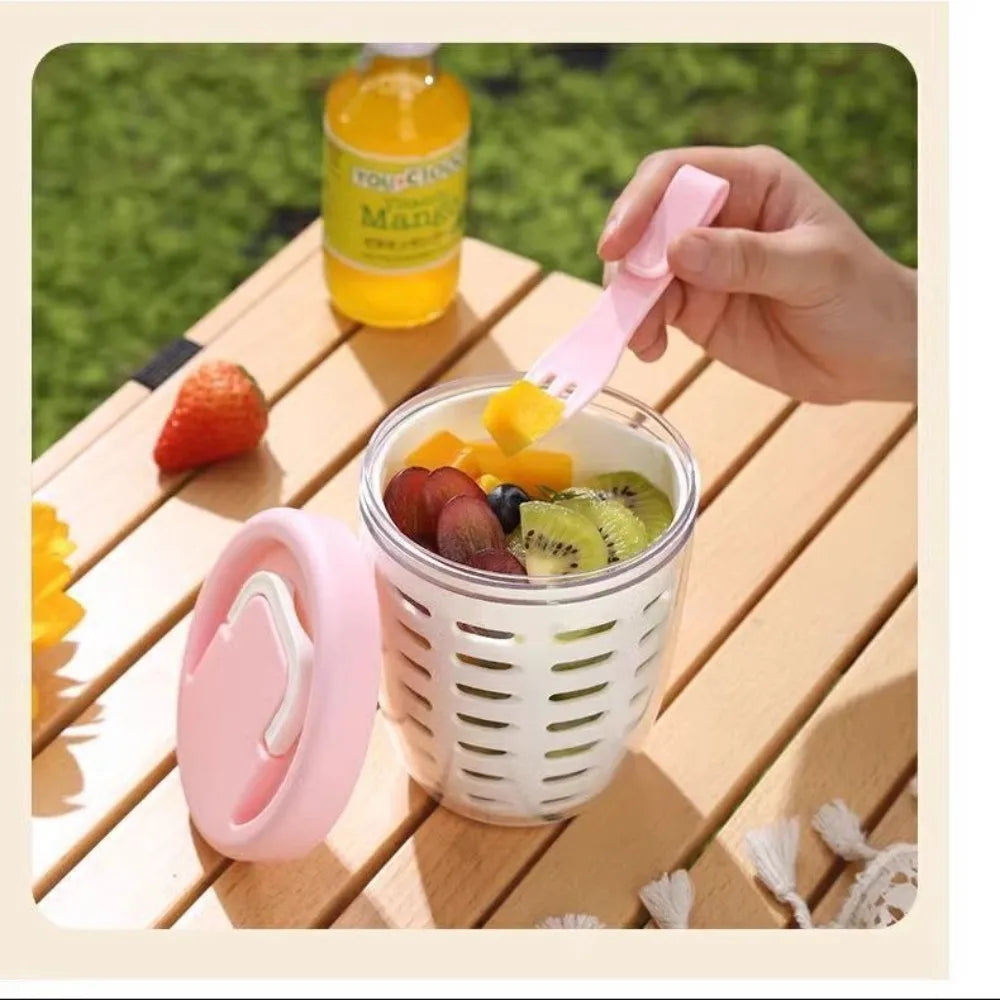 Salad Cup With Fork Cylindrical Plastic Fruit Cup Multifunctional Drainage Function Salad Container, Portable Lunch Box