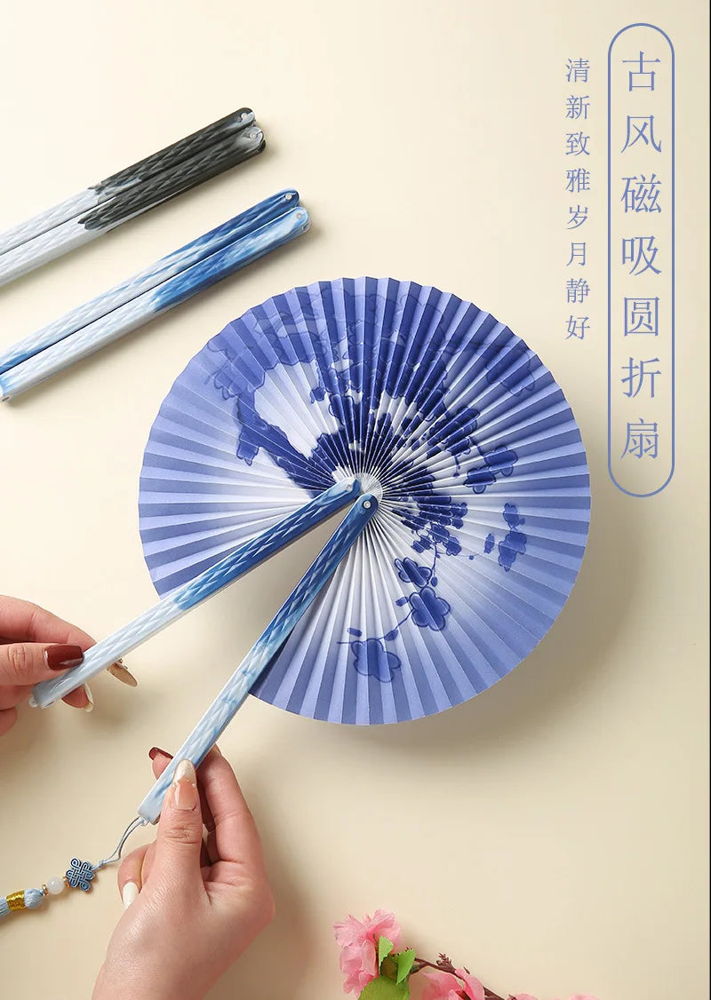Magnetic Folding Round Fan Chinese Antique Style Dancer Hanfu Fan Student Gift Wedding Perform Dance Party Fan Photography Prop