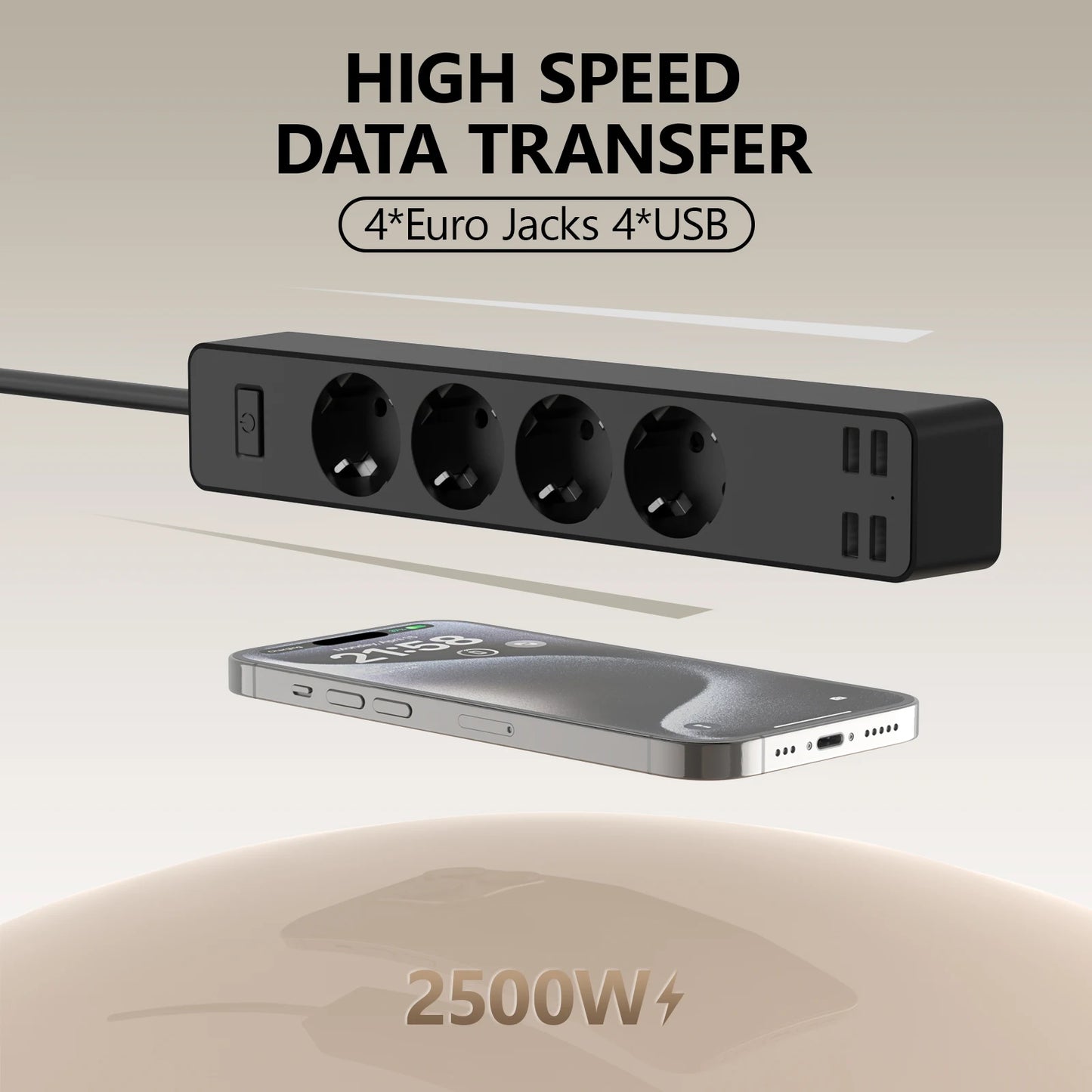 EU Electrical Socket With Safety Switch Power Strip 1.5M Extension Cable Overload Protection USB A Port Charging  On Home  2500W