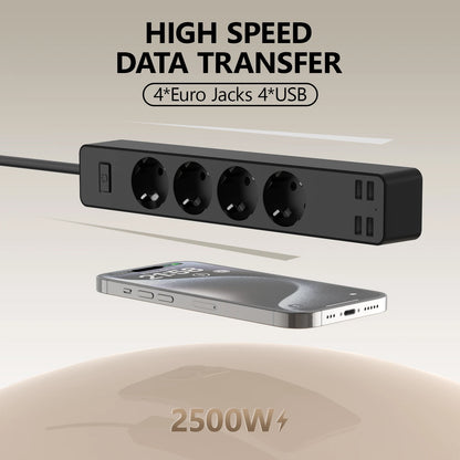 EU Electrical Socket With Safety Switch Power Strip 1.5M Extension Cable Overload Protection USB A Port Charging  On Home  2500W