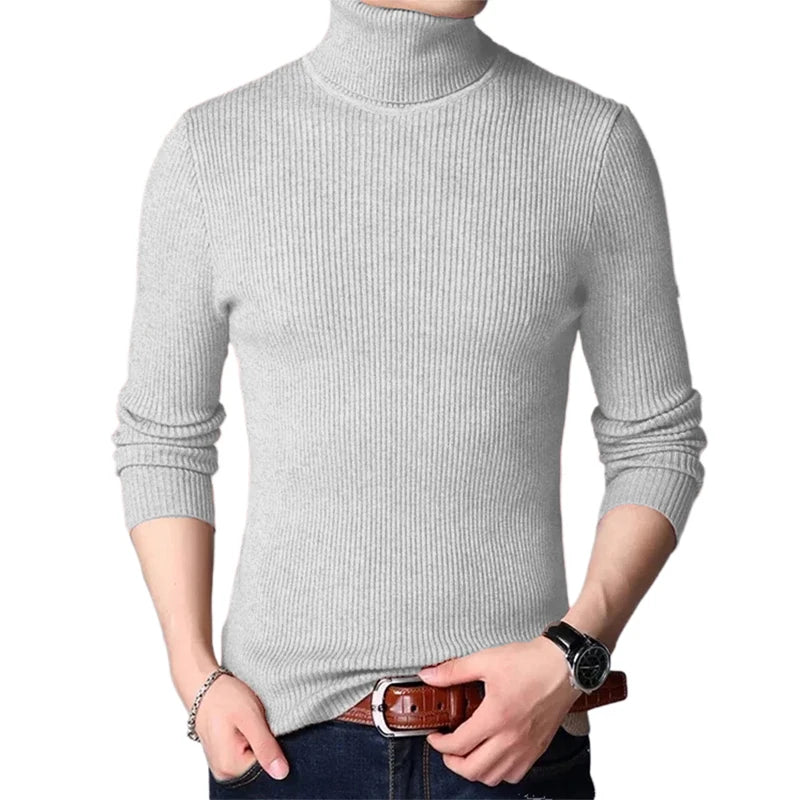 Streetwear Autumn Men's Long Sleeved Turtleneck Sweater Stripes Knitted Oversized Sweaters Homme Solid Color Basic Sweater Men