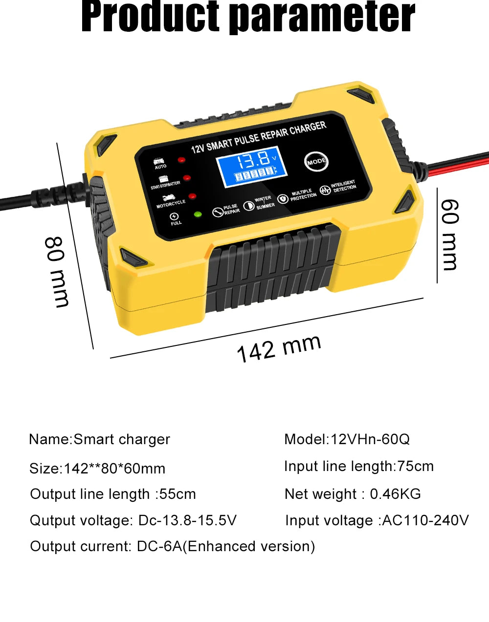 Car Battery Charger, 12V 6A Automatic Intelligent Storage Battery Maintainer Trickle Charger Suitable for Cars, Trucks, Suvs, Mo