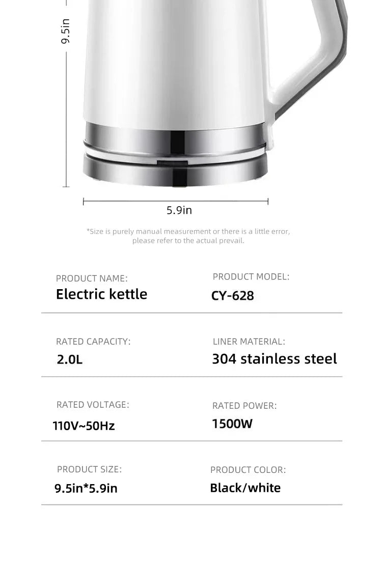 110V 220V Electric Kettle Household Stainless Steel Water Boiling Pot 2L Kettle Home Appliance