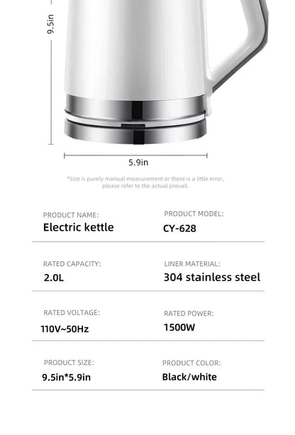 110V 220V Electric Kettle Household Stainless Steel Water Boiling Pot 2L Kettle Home Appliance