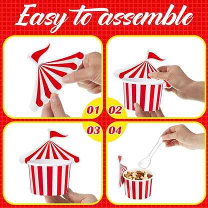 24Pcs Ice Cream Cups with 100 Spoons Carnival Party Circus Tent Shaped 8 oz Paper Carnival Cup Red White Striped Snack Cup Party