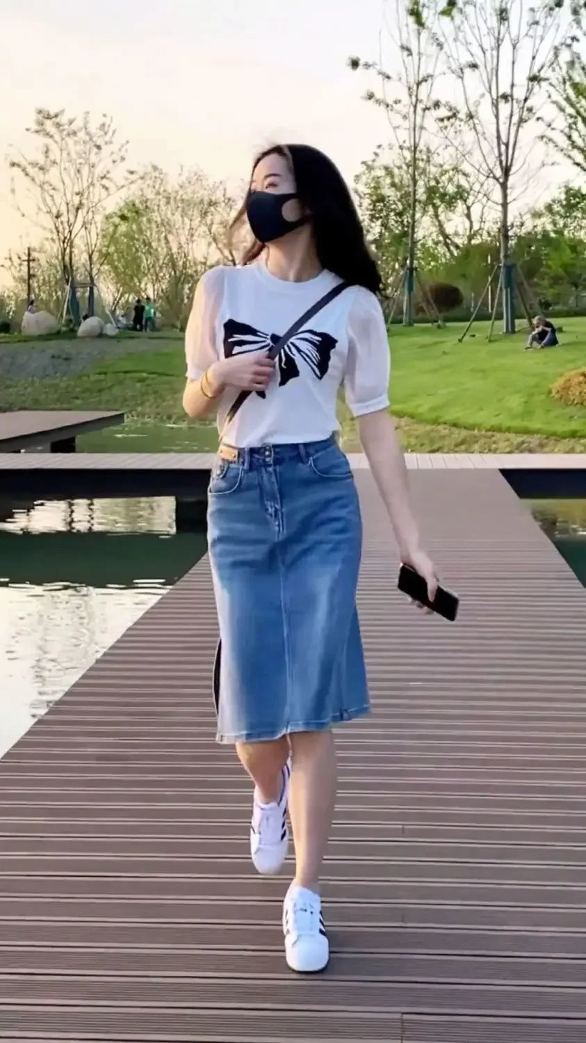 Skirts for Women To Knees Length Womens Skirt Jeans Denim Pencil Clothing with Slit Y2k Trend High Quality Summer 2024 Fashion V