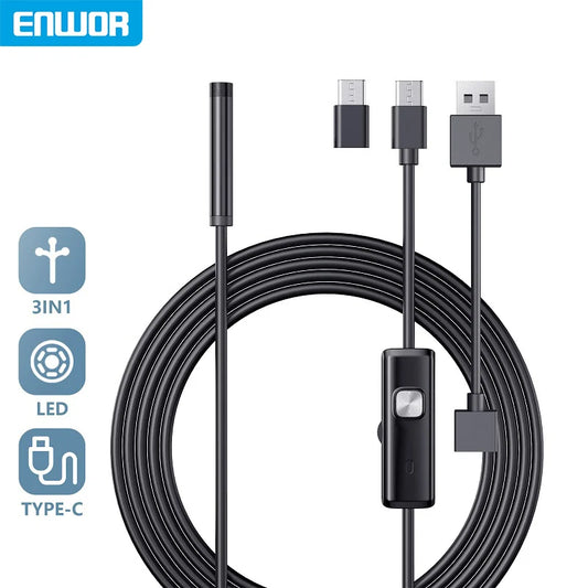 ENWOR Industrial Endoscope Camera IP67 Waterproof 5.5mm 7mm 3IN1 For Android Phones PC USB Endoscope Camera 6LEDs Adjustable