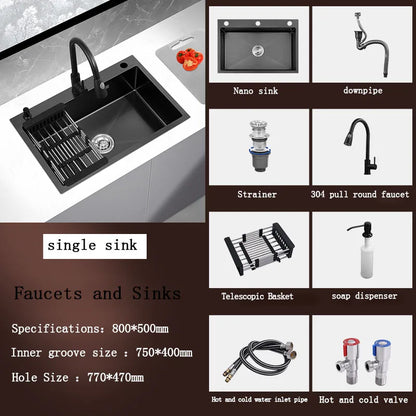 kitchen sink Black nano-sink single-slot household hand-washing basin kitchen large 304 stainless steel sink sink bowl