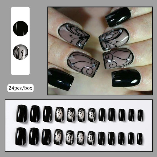 24pcs Glossy Black Flower Press on Nails with Rhinestones Wearable Short Square False Nails Finished Reusable Press on Nails