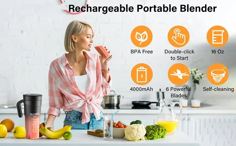 Portable Fruit Juicer 6 sharp Blades Rechargeable Personal Multifunctional Handheld Mini Blender Cup for Shakes and Smoothies