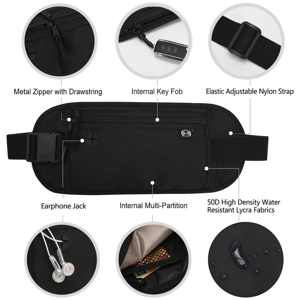RFID Blocking Money Belt for Travel -Hidden Anti-Theft Passport Wallet & Slim Fanny Pack - Secure Waist Pouch for Cash, Cards