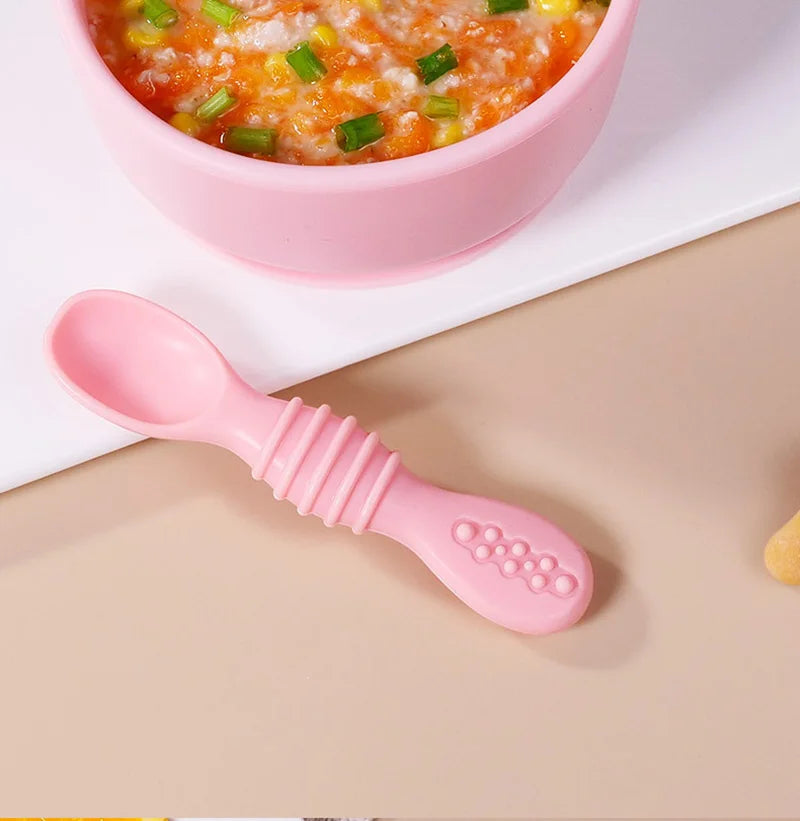 Food Grade Silicone Baby Training Fork Spoon Set for Teeth Grinding Complementary Rice Paste Baby Feeding Tableware
