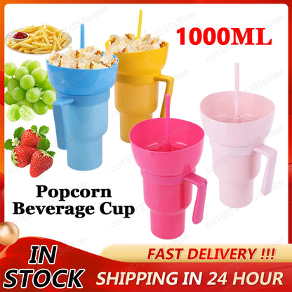 2 In 1 Snack Drink Cup with Straw 1000ML Stadium Tumbler Water Bottle Portable Popcorn Beverage Cup For Adults Kids Cinema