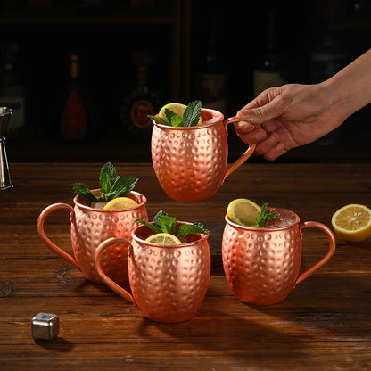 Moscow Mule Copper Mugs | Set of 4 Hammered Cups with Strong Riveted Handle Hold 540ml ( 18oz)