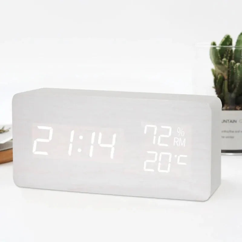 Digital LED Wooden Alarm Clock, Desk Clock, Voice Activated, Electronic Desktop Clock, Luminous Silent Alarm Clock