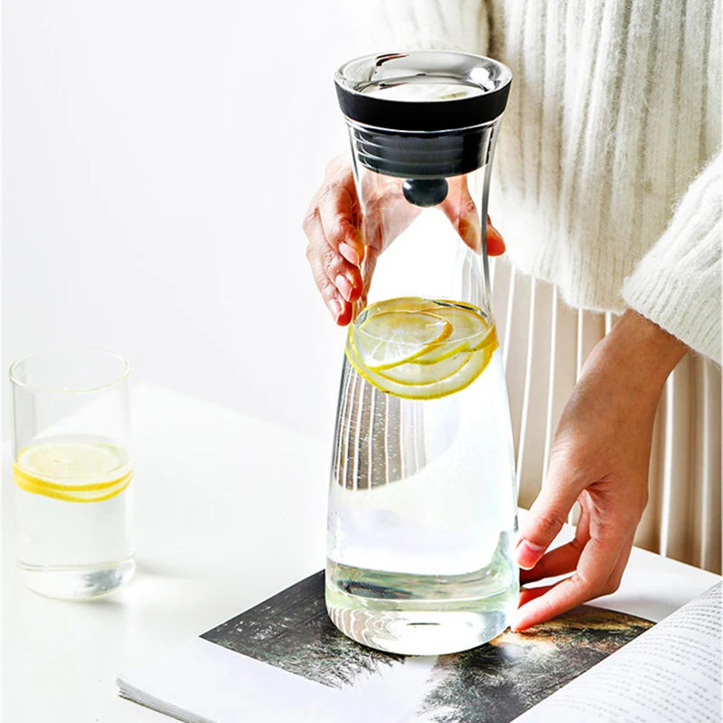 Water Bottle 1.8L High Borosilicate Glass Bottle Basic Tilting  Stainless Steel Lid Closure Jug  Hot and Cold Juice Beverage Tea