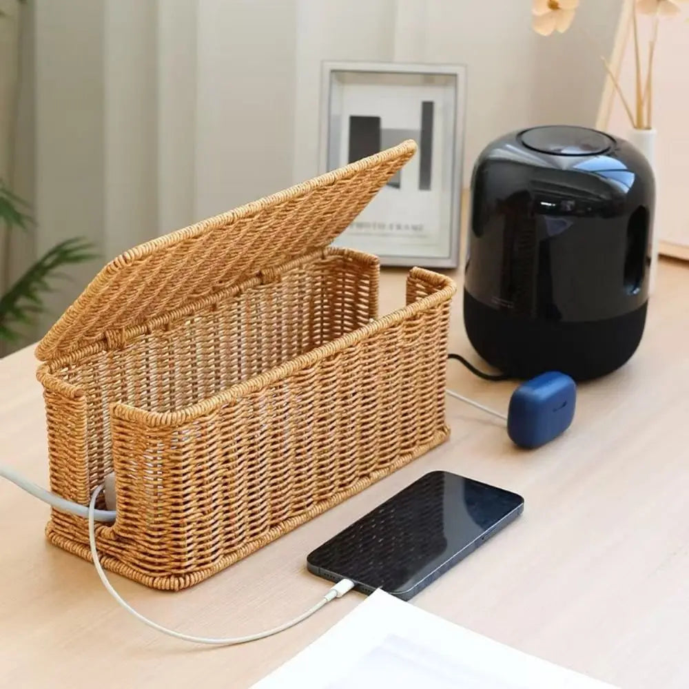 Handwoven Cable Management Box with Lid Hide Power Strip and Router Imitation Rattan Box 2 Open Slots Cord Organizer Hider Box