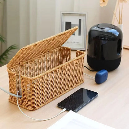 Handwoven Cable Management Box with Lid Hide Power Strip and Router Imitation Rattan Box 2 Open Slots Cord Organizer Hider Box