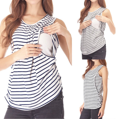 Maternity Tank Top Womens Nursing Shirt Casual Sleeveless Side Ruched Crew Neck Basic Nursed Vest Pregnancy Breastfeeding Tee